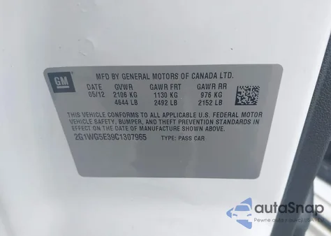 2012 Chevrolet Impala Lt из США, поврежденный, VIN 2G1WG5E39C1307965